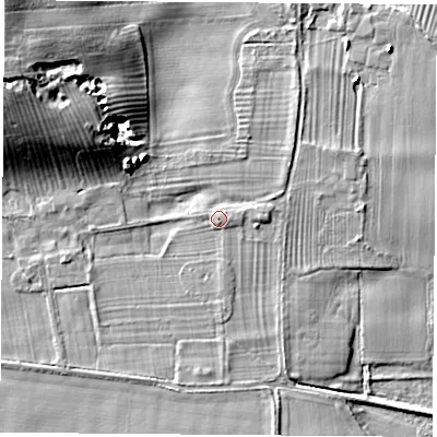 Shaded relief map of the ground around LS249DE, computed from Environment Agency LiDAR. The ground here sits at about 10 m above sea level and falls 20 m across the surrounding 800 m. Surface water reaching this point runs off ground lying to the west-north-west, 17.4 m higher.