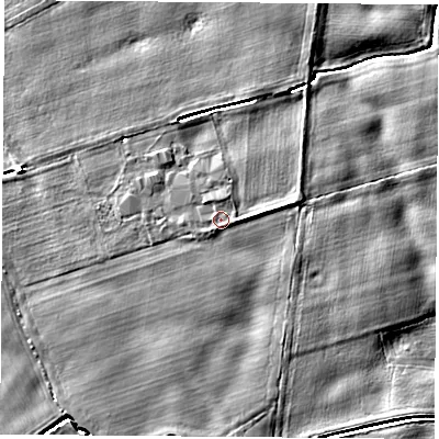 Shaded relief map of the ground around LS249DG, computed from Environment Agency LiDAR. The ground here sits at about 8 m above sea level and falls 5 m across the surrounding 800 m. Surface water reaching this point runs off ground lying to the west-north-west, 0.9 m higher.