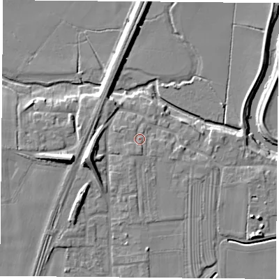 Shaded relief map of the ground around LS249DH, computed from Environment Agency LiDAR. The ground here sits at about 9 m above sea level and falls 11 m across the surrounding 800 m. Surface water reaching this point runs off ground lying to the south, 1.3 m higher.