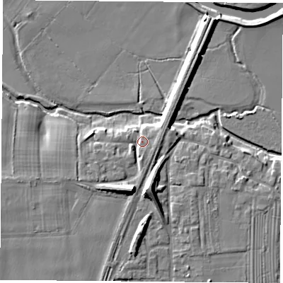 Shaded relief map of the ground around LS249DJ, computed from Environment Agency LiDAR. The ground here sits at about 9 m above sea level and falls 11 m across the surrounding 800 m. Surface water reaching this point runs off ground lying to the south-south-west, 7.4 m higher.