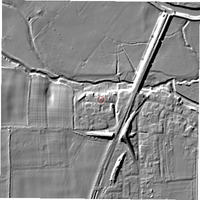 Shaded relief map of the ground around LS249DL, computed from Environment Agency LiDAR. The ground here sits at about 9 m above sea level and falls 11 m across the surrounding 800 m. Surface water reaching this point runs off ground lying to the south-south-east, 7.4 m higher.