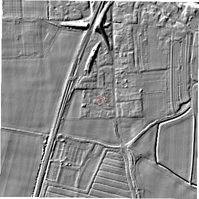 Shaded relief map of the ground around LS249DP, computed from Environment Agency LiDAR. The ground here sits at about 9 m above sea level and falls 11 m across the surrounding 800 m. Surface water reaching this point runs off ground lying to the north, 6.8 m higher.