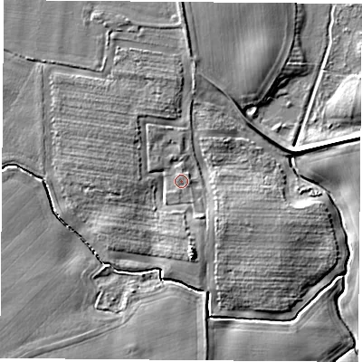 Shaded relief map of the ground around LS249DQ, computed from Environment Agency LiDAR. The ground here sits at about 8 m above sea level and falls 6 m across the surrounding 800 m. The ground contributing surface water to this point lies to the north-north-east.