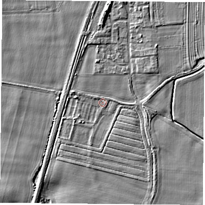 Shaded relief map of the ground around LS249DR, computed from Environment Agency LiDAR. The ground here sits at about 9 m above sea level and falls 6 m across the surrounding 800 m. Surface water reaching this point runs off ground lying to the west, 2.0 m higher.