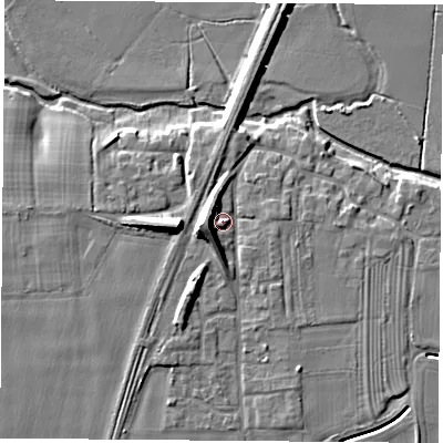 Shaded relief map of the ground around LS249DS, computed from Environment Agency LiDAR. The ground here sits at about 10 m above sea level and falls 11 m across the surrounding 800 m. Surface water reaching this point runs off ground lying to the west-south-west, 6.5 m higher.