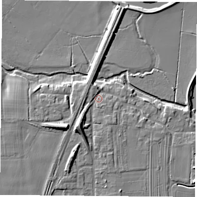 Shaded relief map of the ground around LS249DT, computed from Environment Agency LiDAR. The ground here sits at about 9 m above sea level and falls 11 m across the surrounding 800 m. Surface water reaching this point runs off ground lying to the south-west, 7.3 m higher.