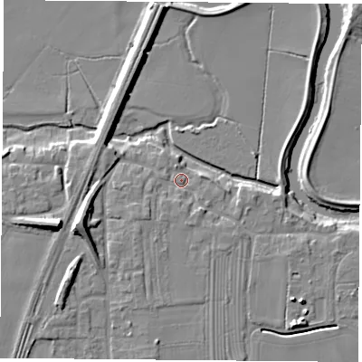 Shaded relief map of the ground around LS249DU, computed from Environment Agency LiDAR. The ground here sits at about 8 m above sea level and falls 11 m across the surrounding 800 m. Surface water reaching this point runs off ground lying to the south-west, 2.3 m higher.