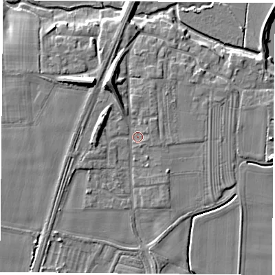 Shaded relief map of the ground around LS249DW, computed from Environment Agency LiDAR. The ground here sits at about 9 m above sea level and falls 11 m across the surrounding 800 m. Surface water reaching this point runs off ground lying to the north-north-west, 6.8 m higher.
