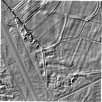Shaded relief map of the ground around LS249DX, computed from Environment Agency LiDAR. The ground here sits at about 9 m above sea level and falls 6 m across the surrounding 800 m. Surface water reaching this point runs off ground lying to the south-south-east, 0.9 m higher.