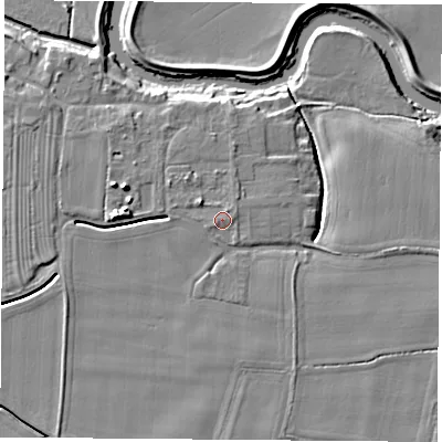 Shaded relief map of the ground around LS249DY, computed from Environment Agency LiDAR. The ground here sits at about 9 m above sea level and falls 8 m across the surrounding 800 m. Surface water reaching this point runs off ground lying to the south-west, 0.8 m higher.