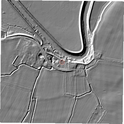 Shaded relief map of the ground around LS249DZ, computed from Environment Agency LiDAR. The ground here sits at about 8 m above sea level and falls 6 m across the surrounding 800 m. Surface water reaching this point runs off ground lying to the south-east, 1.5 m higher.
