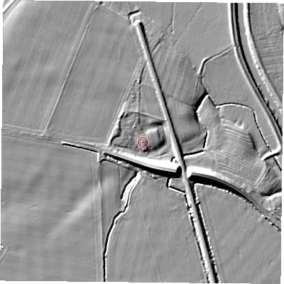 Shaded relief map of the ground around LS249EB, computed from Environment Agency LiDAR. The ground here sits at about 8 m above sea level and falls 11 m across the surrounding 800 m. Surface water reaching this point runs off ground lying to the south-east, 9.9 m higher.