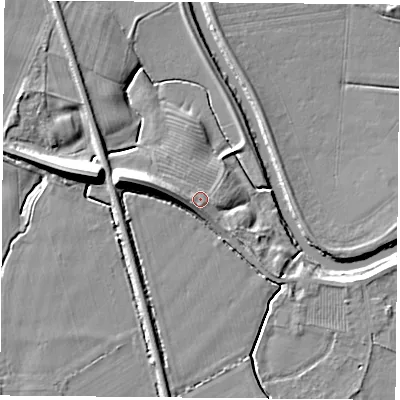 Shaded relief map of the ground around LS249ED, computed from Environment Agency LiDAR. The ground here sits at about 8 m above sea level and falls 12 m across the surrounding 800 m. Surface water reaching this point runs off ground lying to the west-south-west, 3.1 m higher.