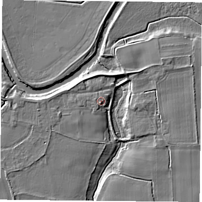 Shaded relief map of the ground around LS249EE, computed from Environment Agency LiDAR. The ground here sits at about 8 m above sea level and falls 6 m across the surrounding 800 m. Surface water reaching this point runs off ground lying to the south-south-west, 1.4 m higher.