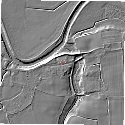 Shaded relief map of the ground around LS249EF, computed from Environment Agency LiDAR. The ground here sits at about 8 m above sea level and falls 6 m across the surrounding 800 m. Surface water reaching this point runs off ground lying to the south-west, 1.8 m higher.