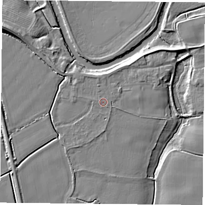 Shaded relief map of the ground around LS249EG, computed from Environment Agency LiDAR. The ground here sits at about 8 m above sea level and falls 10 m across the surrounding 800 m. Surface water reaching this point runs off ground lying to the south, 1.3 m higher.