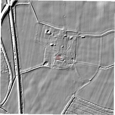 Shaded relief map of the ground around LS249EH, computed from Environment Agency LiDAR. The ground here sits at about 9 m above sea level and falls 9 m across the surrounding 800 m. Surface water reaching this point runs off ground lying to the west-south-west, 1.0 m higher.
