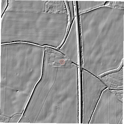 Shaded relief map of the ground around LS249EJ, computed from Environment Agency LiDAR. The ground here sits at about 8 m above sea level and falls 3 m across the surrounding 800 m. Surface water reaching this point runs off ground lying to the east-north-east, 1.0 m higher.
