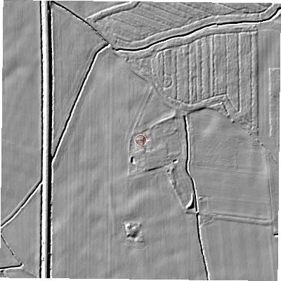 Shaded relief map of the ground around LS249EL, computed from Environment Agency LiDAR. The ground here sits at about 8 m above sea level and falls 3 m across the surrounding 800 m. Surface water reaching this point runs off ground lying to the south, 1.0 m higher.