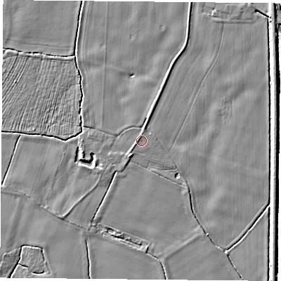 Shaded relief map of the ground around LS249EN, computed from Environment Agency LiDAR. The ground here sits at about 8 m above sea level and falls 3 m across the surrounding 800 m. The ground contributing surface water to this point lies to the south-west.