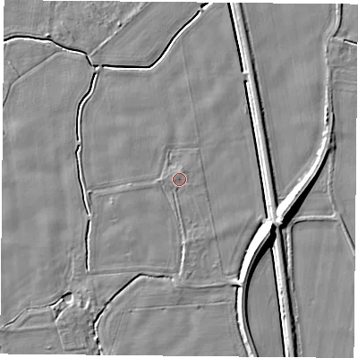 Shaded relief map of the ground around LS249EP, computed from Environment Agency LiDAR. The ground here sits at about 8 m above sea level and falls 10 m across the surrounding 800 m. Surface water reaching this point runs off ground lying to the north-west, 0.7 m higher.
