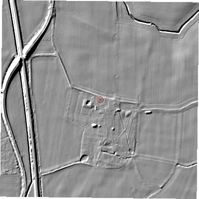Shaded relief map of the ground around LS249EQ, computed from Environment Agency LiDAR. The ground here sits at about 8 m above sea level and falls 11 m across the surrounding 800 m. Surface water reaching this point runs off ground lying to the north-east, 1.0 m higher.