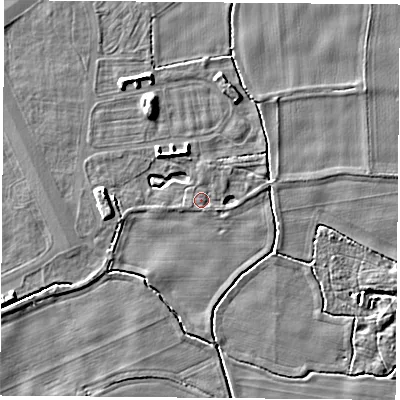 Shaded relief map of the ground around LS249ER, computed from Environment Agency LiDAR. The ground here sits at about 8 m above sea level and falls 4 m across the surrounding 800 m. Surface water reaching this point runs off ground lying to the north, 0.7 m higher.