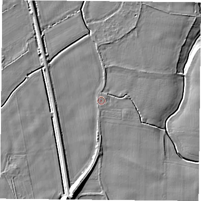 Shaded relief map of the ground around LS249EU, computed from Environment Agency LiDAR. The ground here sits at about 8 m above sea level and falls 11 m across the surrounding 800 m. Surface water reaching this point runs off ground lying to the south, 0.8 m higher.