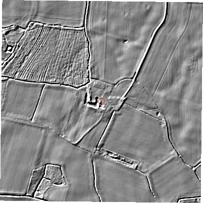 Shaded relief map of the ground around LS249EW, computed from Environment Agency LiDAR. The ground here sits at about 8 m above sea level and falls 3 m across the surrounding 800 m. Surface water reaching this point runs off ground lying to the east, 1.9 m higher.