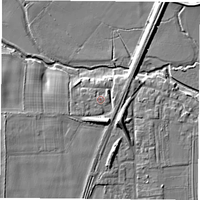 Shaded relief map of the ground around LS249EX, computed from Environment Agency LiDAR. The ground here sits at about 9 m above sea level and falls 11 m across the surrounding 800 m. Surface water reaching this point runs off ground lying to the south-west, 1.2 m higher.