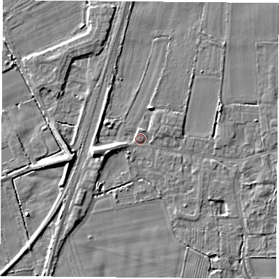 Shaded relief map of the ground around LS249EZ, computed from Environment Agency LiDAR. The ground here sits at about 9 m above sea level and falls 8 m across the surrounding 800 m. Surface water reaching this point runs off ground lying to the west-south-west, 4.7 m higher.