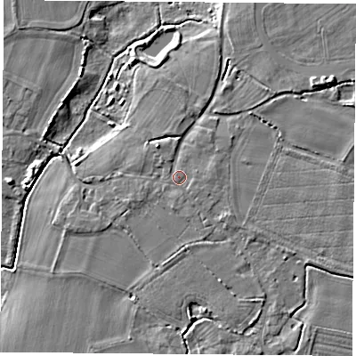 Shaded relief map of the ground around LS249FQ, computed from Environment Agency LiDAR. The ground here sits at about 8 m above sea level and falls 5 m across the surrounding 800 m. Surface water reaching this point runs off ground lying to the west-south-west, 1.1 m higher.