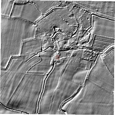 Shaded relief map of the ground around LS249FR, computed from Environment Agency LiDAR. The ground here sits at about 8 m above sea level and falls 5 m across the surrounding 800 m. Surface water reaching this point runs off ground lying to the south, 0.8 m higher.