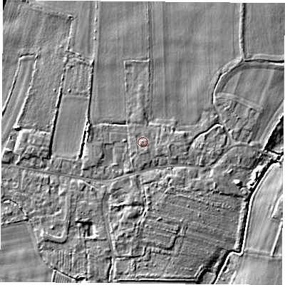 Shaded relief map of the ground around LS249FS, computed from Environment Agency LiDAR. The ground here sits at about 9 m above sea level and falls 6 m across the surrounding 800 m. The ground contributing surface water to this point lies to the south.