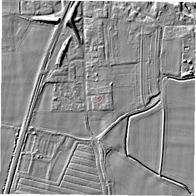 Shaded relief map of the ground around LS249FT, computed from Environment Agency LiDAR. The ground here sits at about 9 m above sea level and falls 11 m across the surrounding 800 m. Surface water reaching this point runs off ground lying to the north-north-west, 6.8 m higher.