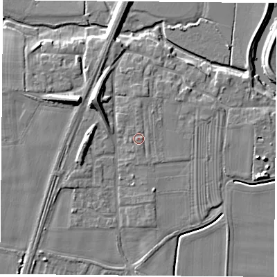 Shaded relief map of the ground around LS249FU, computed from Environment Agency LiDAR. The ground here sits at about 10 m above sea level and falls 11 m across the surrounding 800 m. Surface water reaching this point runs off ground lying to the west-south-west, 0.9 m higher.