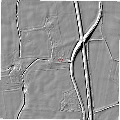 Shaded relief map of the ground around LS249FW, computed from Environment Agency LiDAR. The ground here sits at about 8 m above sea level and falls 9 m across the surrounding 800 m. Surface water reaching this point runs off ground lying to the north-north-west, 0.9 m higher.