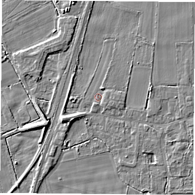 Shaded relief map of the ground around LS249FY, computed from Environment Agency LiDAR. The ground here sits at about 8 m above sea level and falls 8 m across the surrounding 800 m. Surface water reaching this point runs off ground lying to the north-north-east, 3.2 m higher.