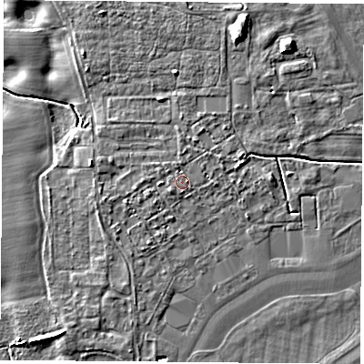 Shaded relief map of the ground around LS249GA, computed from Environment Agency LiDAR. The ground here sits at about 9 m above sea level and falls 10 m across the surrounding 800 m. Surface water reaching this point runs off ground lying to the west, 1.6 m higher.