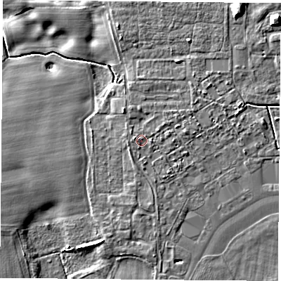 Shaded relief map of the ground around LS249GD, computed from Environment Agency LiDAR. The ground here sits at about 9 m above sea level and falls 10 m across the surrounding 800 m. Surface water reaching this point runs off ground lying to the west, 0.8 m higher.