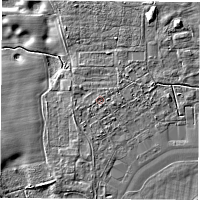 Shaded relief map of the ground around LS249GE, computed from Environment Agency LiDAR. The ground here sits at about 9 m above sea level and falls 10 m across the surrounding 800 m. Surface water reaching this point runs off ground lying to the east, 1.2 m higher.