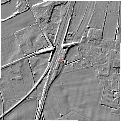 Shaded relief map of the ground around LS249GZ, computed from Environment Agency LiDAR. The ground here sits at about 9 m above sea level and falls 8 m across the surrounding 800 m. Surface water reaching this point runs off ground lying to the east-north-east, 0.9 m higher.