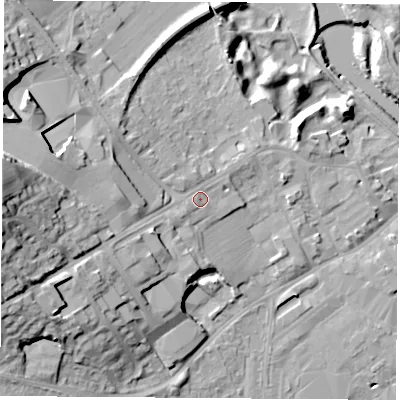 Shaded relief map of the ground around LS249JE, computed from Environment Agency LiDAR. The ground here sits at about 16 m above sea level and falls 31 m across the surrounding 800 m. Surface water reaching this point runs off ground lying to the west, 19.8 m higher.
