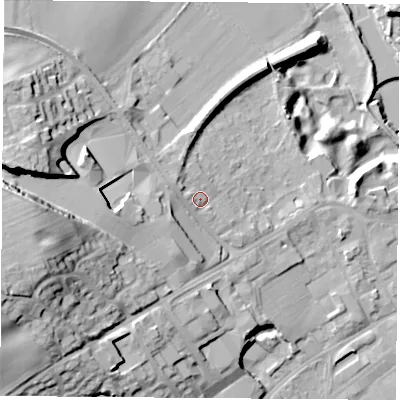 Shaded relief map of the ground around LS249JN, computed from Environment Agency LiDAR. The ground here sits at about 18 m above sea level and falls 34 m across the surrounding 800 m. Surface water reaching this point runs off ground lying to the west, 8.6 m higher.