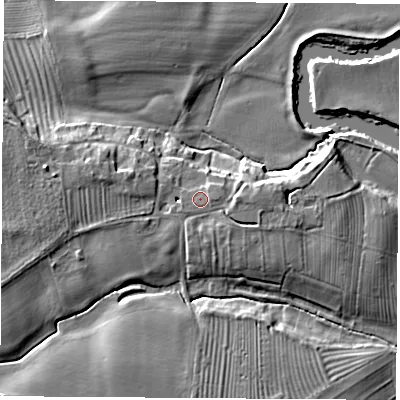 Shaded relief map of the ground around LS249LR, computed from Environment Agency LiDAR. The ground here sits at about 13 m above sea level and falls 9 m across the surrounding 800 m. Surface water reaching this point runs off ground lying to the east, 1.9 m higher.