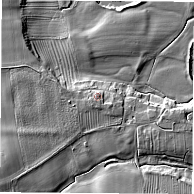 Shaded relief map of the ground around LS249LS, computed from Environment Agency LiDAR. The ground here sits at about 14 m above sea level and falls 10 m across the surrounding 800 m. Surface water reaching this point runs off ground lying to the south-south-west, 2.0 m higher.