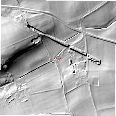 Shaded relief map of the ground around LS249LZ, computed from Environment Agency LiDAR. The ground here sits at about 15 m above sea level and falls 20 m across the surrounding 800 m. Surface water reaching this point runs off ground lying to the south-south-east, 13.1 m higher.