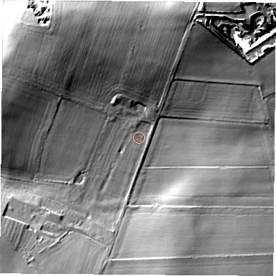 Shaded relief map of the ground around LS249NU, computed from Environment Agency LiDAR. The ground here sits at about 45 m above sea level and falls 21 m across the surrounding 800 m. Surface water reaching this point runs off ground lying to the north-north-east, 20.8 m higher.