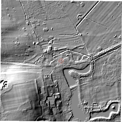 Shaded relief map of the ground around LS249PF, computed from Environment Agency LiDAR. The ground here sits at about 11 m above sea level and falls 21 m across the surrounding 800 m. Surface water reaching this point runs off ground lying to the west-south-west, 1.1 m higher.
