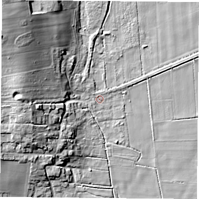 Shaded relief map of the ground around LS249PQ, computed from Environment Agency LiDAR. The ground here sits at about 10 m above sea level and falls 19 m across the surrounding 800 m. Surface water reaching this point runs off ground lying to the west, 14.1 m higher.
